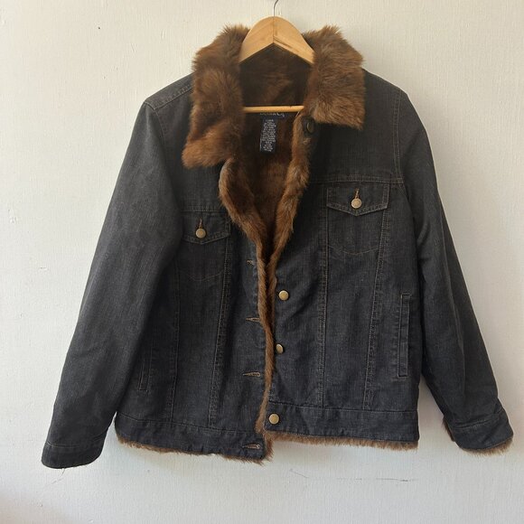 Denim & Co Faux Fur Lined Coat Womens Large Dark Wash Pockets Button Front - Picture 1 of 6